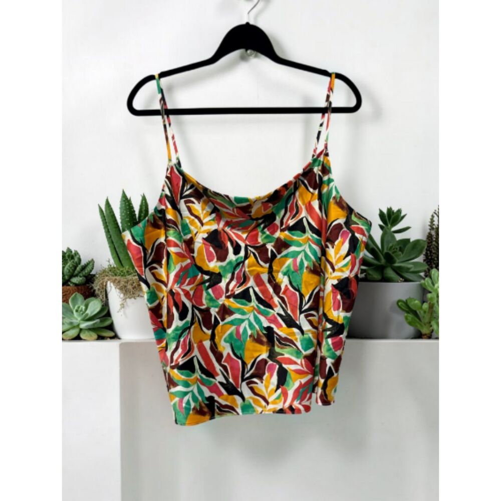 Women's Tropical Floral Cami Top XL Sleeveless Draped Neck Colorful Tank Blouse